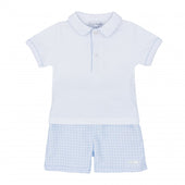 Blues Baby Baby Boy White Polo and Pale Blue Gingham Short Set